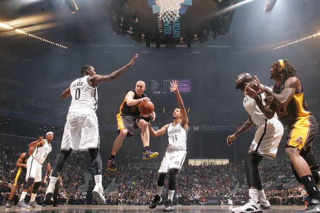 NEW YORK, NY - NOVEMBER 27: Steve Blake #5 of the Los Angeles Lakers goes up with the ball during a game against the Brooklyn Nets  at Barclays Center on November 27, 2013 in the Brooklyn borough of New York City.  NOTE TO USER: User expressly acknowledges and agrees that, by downloading and/or using this Photograph, user is consenting to the terms and conditions of the Getty Images License Agreement. Mandatory Copyright Notice: Copyright 2013 NBAE (Photo by Nathaniel S. Butler/NBAE via Getty Images)