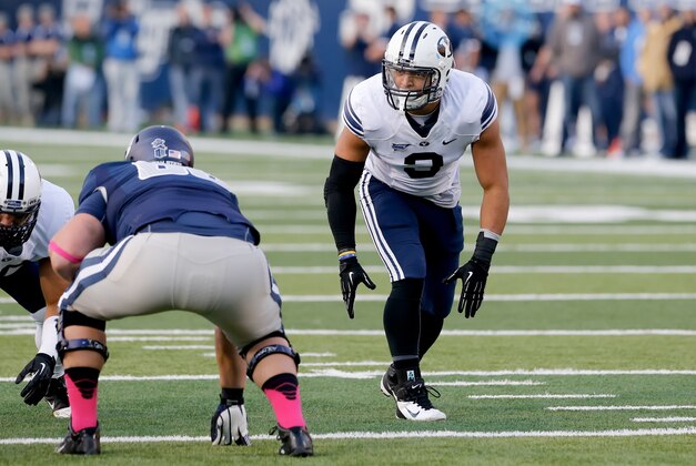 Oct 4, 2013; Logan, UT, USA; Brigham Young Cougars linebacker Kyle Van Noy (3) waits for the Utah State Aggies to snap the ball during the first quarter at Romney Stadium. Brigham Young Cougars defeated the Utah State Aggies 31-14. Mandatory Credit: Chris Nicoll-USA TODAY Sports Oct 4, 2013; Logan, UT, USA; Brigham Young Cougars linebacker Kyle Van Noy (3) waits for the Utah State Aggies to snap the ball during the first quarter at Romney Stadium. Brigham Young Cougars defeated the Utah State Aggies 31-14. Mandatory Credit: Chris Nicoll-USA TODAY Sports