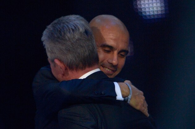 BERLIN, GERMANY - NOVEMBER 14:  Jupp Heynckes and Josep Guardiola talk on stage at the Bambi Awards 2013 at Stage Theater on November 14, 2013 in Berlin, Germany.  (Photo by Luca Teuchmann/Getty Images)