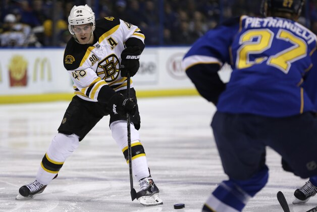 Boston Bruins' David Krejci, of the Czech Republic, passes during the first period of an NHL hockey game against the St. Louis Blues Thursday, Feb. 6, 2014, in St. Louis. (AP Photo/Jeff Roberson)