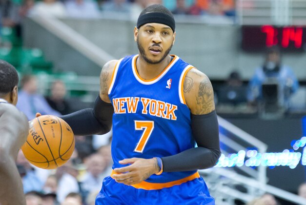 Mar 31, 2014; Salt Lake City, UT, USA; New York Knicks forward Carmelo Anthony (7) dribbles the ball during the first quarter against the Utah Jazz at EnergySolutions Arena. Mandatory Credit: Russ Isabella-USA TODAY Sports Mar 31, 2014; Salt Lake City, UT, USA; New York Knicks forward Carmelo Anthony (7) dribbles the ball during the first quarter against the Utah Jazz at EnergySolutions Arena. Mandatory Credit: Russ Isabella-USA TODAY Sports