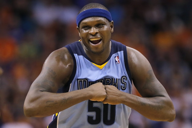 Memphis Grizzlies' Zach Randolph smiles during the second half of an NBA basketball game against the Phoenix Suns, Monday, April 14, 2014, in Phoenix. The Grizzlies won 97-91. (AP Photo/Matt York)
