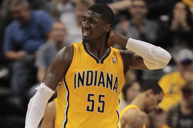 Indiana Pacers center Roy Hibbert (55) in action during an NBA basketball game between the Detroit Pistons and the Indiana Pacers in Indianapolis, Wednesday, April 2, 2014. The Pacers won 101-94. (AP Photo/AJ Mast)