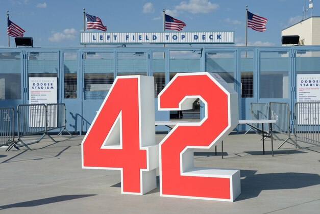 May 10, 2013; Los Angeles, CA, USA; General view of the retired jersey number 42 of Jackie Robinson (not pictured) at the top deck at Dodger Stadium. Mandatory Credit: Kirby Lee-USA TODAY Sports