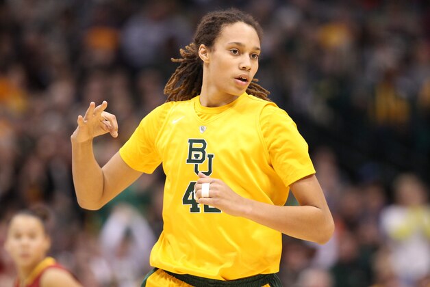 Mar 11, 2013; Dallas, TX, USA; Baylor Bears center Brittney Griner (42) reacts during the Big 12 Championship game against Iowa State Cyclones at American Airlines Center. Baylor won 75-47. Mandatory Credit: Jim Cowsert-USA TODAY Sports