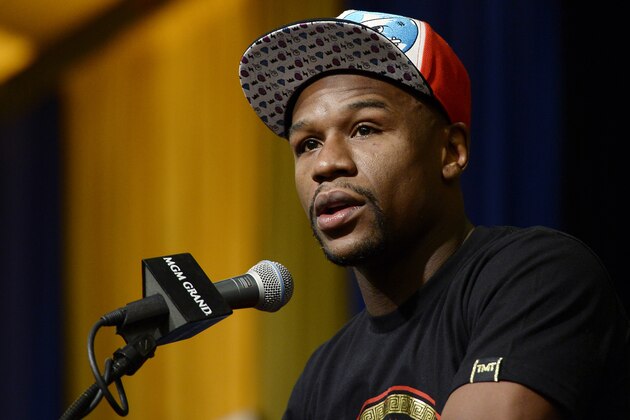 LAS VEGAS, NV - MARCH 8: Floyd Mayweather Jr. announces his upcoming Marcos 'El Chino' Maidana  during a news conference at at the MGM Grand Hotel/Casino March 8, 2014, in Las Vegas, Nevada. (Photo by Kevork Djansezian/Getty Images)