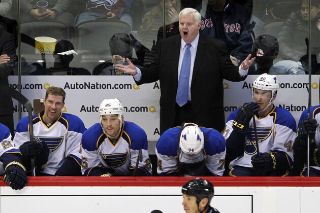 St. Louis Blues coach Ken Hitchcock shouts after the Blues were called for a penalty during the third period of an NHL hockey game against the Colorado Avalanche in Denver on Wednesday, Nov. 27, 2013. St. Louis won 4-1.(AP Photo/Joe Mahoney) St. Louis Blues coach Ken Hitchcock shouts after the Blues were called for a penalty during the third period of an NHL hockey game against the Colorado Avalanche in Denver on Wednesday, Nov. 27, 2013. St. Louis won 4-1.(AP Photo/Joe Mahoney)