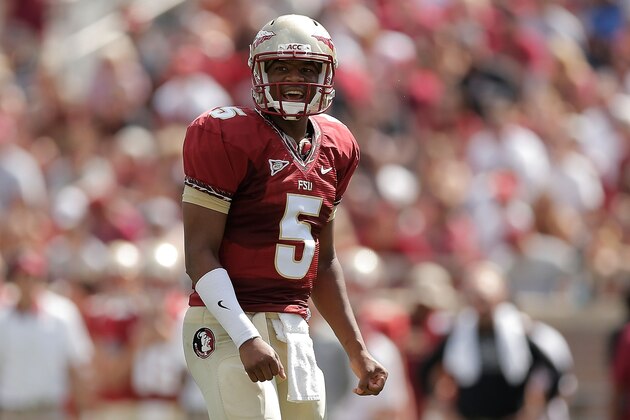 TALLAHASSEE, FL - APRIL 12:  Jameis Winston #5 of the Garnet team reacts to a pass against the Gold team during Florida State's Garnet and Gold spring game at Doak Campbell Stadium on April 12, 2014 in Tallahassee, Florida.  (Photo by Stacy Revere/Getty Images)