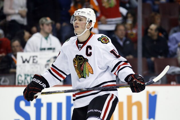 FILE - In this March 18, 2014, file photo, Chicago Blackhawks' Jonathan Toews skates during an NHL hockey game against the Philadelphia Flyers, in Philadelphia. The Blackhawks expect to have Toews and Patrick Kane in the lineup when they play at St. Louis on Thursday, April 17 after each had long layoffs to heal injuries. (AP Photo/Matt Slocum, File) FILE - In this March 18, 2014, file photo, Chicago Blackhawks' Jonathan Toews skates during an NHL hockey game against the Philadelphia Flyers, in Philadelphia. The Blackhawks expect to have Toews and Patrick Kane in the lineup when they play at St. Louis on Thursday, April 17 after each had long layoffs to heal injuries. (AP Photo/Matt Slocum, File)