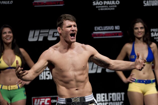 British fighter Michael Bisping gestures during the weigh-in ahead of the Ultimate Fighting Championship, UFC, in Sao Paulo, Brazil, Friday, Jan. 18, 2013. Bisping will compete in UFC in Sao Paulo on Jan. 19. (AP Photo/Andre Penner)