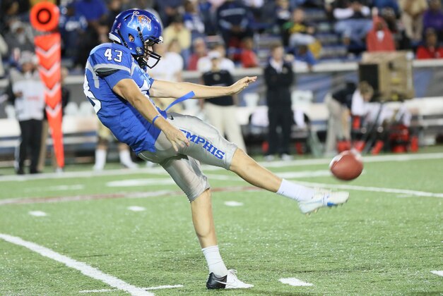 Oct 20, 2012; Memphis, TN, USA; Memphis Tigers punter Tom Hornsey (43) punts the ball during the game against the UCF Knights at Liberty Bowl Memorial Stadium. UCF defeated Memphis 35-17.  Mandatory Credit: Nelson Chenault-USA TODAY Sports