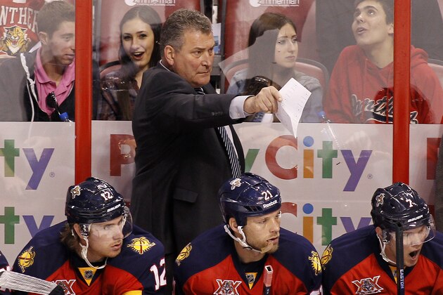 Florida Panthers interim head coach Peter Horachek gestures during the first period of an NHL hockey game in Sunrise, Fla., on Sunday, April 6, 2014. (AP Photo/Terry Renna) Florida Panthers interim head coach Peter Horachek gestures during the first period of an NHL hockey game in Sunrise, Fla., on Sunday, April 6, 2014. (AP Photo/Terry Renna)