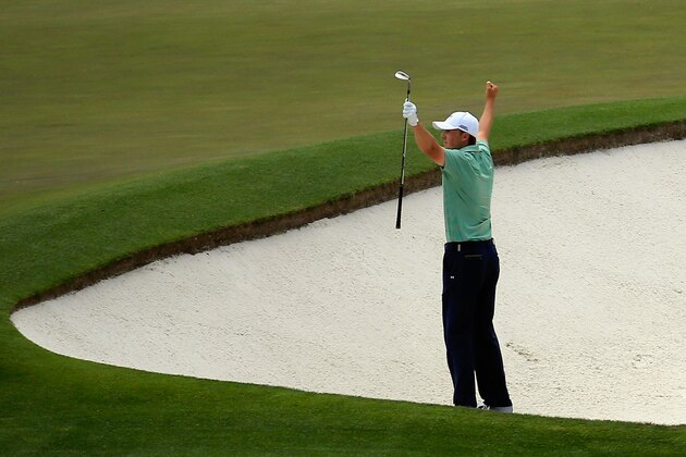 AUGUSTA, GA - APRIL 13:  Jordan Spieth of the United States celebrates after holing out for birdie on the fourth hole during the final round of the 2014 Masters Tournament at Augusta National Golf Club on April 13, 2014 in Augusta, Georgia.  (Photo by Rob Carr/Getty Images)