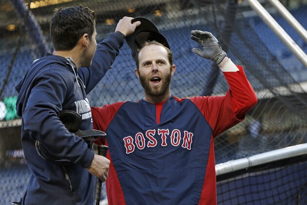 New York Yankees center fielder Jacoby Ellsbury, left, looks under the cap of Boston Red Sox's Dustin Pedroia after greeting his former teammates during batting practice before a baseball game between the teams at Yankee Stadium in New York, Thursday, April 10, 2014. (AP Photo/Kathy Willens)
