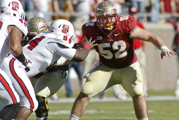 Florida State center Bryan Stork (52) gets ready to block North Carolina State defensive tackle Monty Nelson (94) in the first quarter of an NCAA college football game on Saturday, Oct. 26, 2013, in Tallahassee, Fla. Florida State beat North Carolina State 49-17. (AP Photo/Phil Sears) Florida State center Bryan Stork (52) gets ready to block North Carolina State defensive tackle Monty Nelson (94) in the first quarter of an NCAA college football game on Saturday, Oct. 26, 2013, in Tallahassee, Fla. Florida State beat North Carolina State 49-17. (AP Photo/Phil Sears)