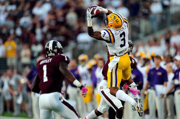 STARKVILLE, MS - OCTOBER 05:  Odell Beckham Jr. #3 of the LSU Tigers goes up for a reception in front of Nickoe Whitley #1 of the Mississippi State Bulldogs during a game at Davis Wade Stadium on October 5, 2013 in Starkville, Mississippi.  LSU won the game 59-26.  (Photo by Stacy Revere/Getty Images)