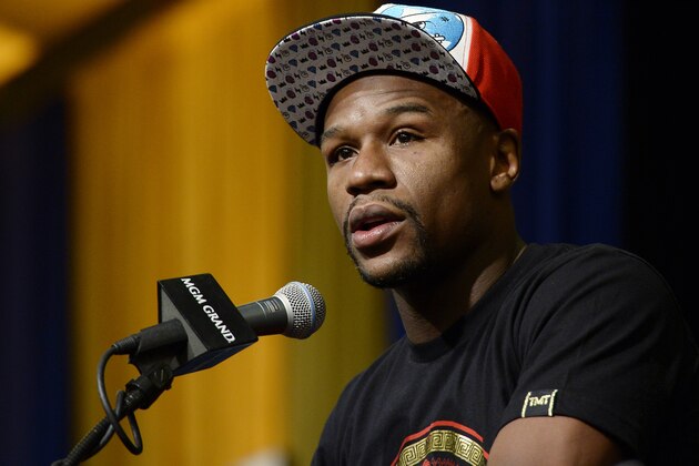 LAS VEGAS, NV - MARCH 8: Floyd Mayweather Jr. announces his upcoming Marcos 'El Chino' Maidana  during a news conference at at the MGM Grand Hotel/Casino March 8, 2014, in Las Vegas, Nevada. (Photo by Kevork Djansezian/Getty Images)