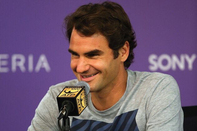 KEY BISCAYNE, FL - MARCH 20:  Roger Federer of Switzerland answers questions from the media during a press conference prior to his second round match during day 4 at the Sony Open at Crandon Park Tennis Center on March 20, 2014 in Key Biscayne, Florida.  (Photo by Clive Brunskill/Getty Images)