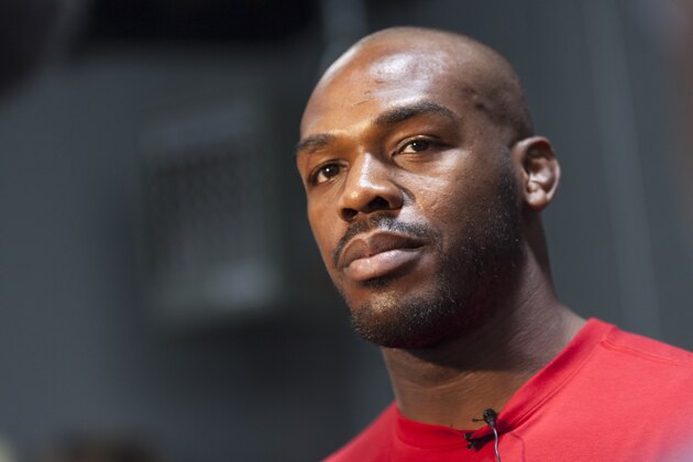 ALBUQUERQUE, NM - APRIL 2: UFC lightweight champion Jon 'Bones' Jones interacts with media during an open training session for fans and media at the Jackson's Mixed Martial Arts and Fitness on April 2, 2014 in Albuquerque, New Mexico. (Photo by Aaron Sweet/Getty Images)