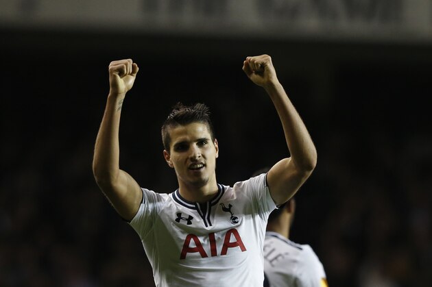 Tottenham's Erik Lamela celebrates his goal during the Europa League Group K soccer match between Tottenham Hotspur and FC Sheriff at White Hart Lane stadium, London, Thursday, Nov. 7, 2013.  (AP Photo/Matt Dunham)