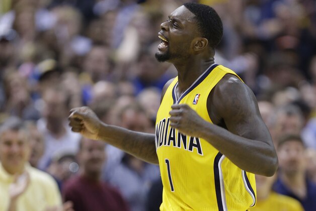 Indiana Pacers guard Lance Stephenson celebrates late in the second half of an NBA basketball game against the Oklahoma City Thunder in Indianapolis, Sunday, April 13, 2014. The Pacers defeated the Thunder 102-97. (AP Photo/Michael Conroy)
