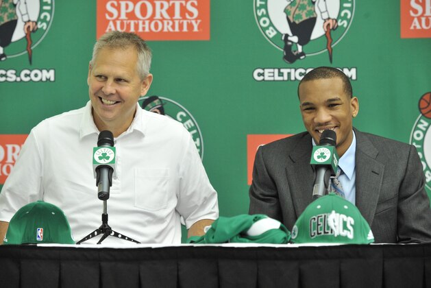WALTHAM - JUNE 25: (L-R) General Manager Danny Ainge and Avery Bradley of the Boston Celtics talk to the media during a press conference on June 25, 2010 at the Boston Celtics Practice Facility in Waltham, Massachusetts.  NOTE TO USER: User expressly acknowledges and agrees that, by downloading and or using this photograph, User is consenting to the terms and conditions of the Getty Images License Agreement. Mandatory Copyright Notice: Copyright 2010 NBAE  (Photo by Brian Babineau/NBAE via Getty Images)