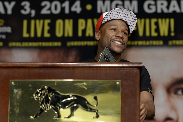 LAS VEGAS, NV - MARCH 8: Floyd Mayweather Jr. announces fight against Marcos Maidana during a news conference at at the MGM Grand Hotel/Casino March 8, 2014, in Las Vegas, Nevada. Mayweather will fight place Maidana on May 3. (Photo by Kevork Djansezian/Getty Images)