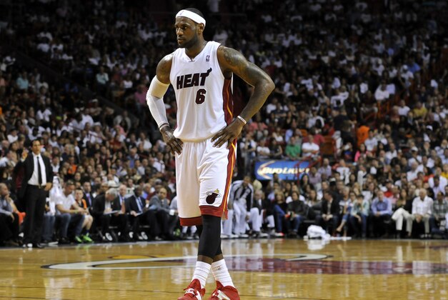 Apr 11, 2014; Miami, FL, USA; Miami Heat forward LeBron James (6) takes a breather during the second half against the Indiana Pacers at American Airlines Arena. Miami won 98-86. Mandatory Credit: Steve Mitchell-USA TODAY Sports
