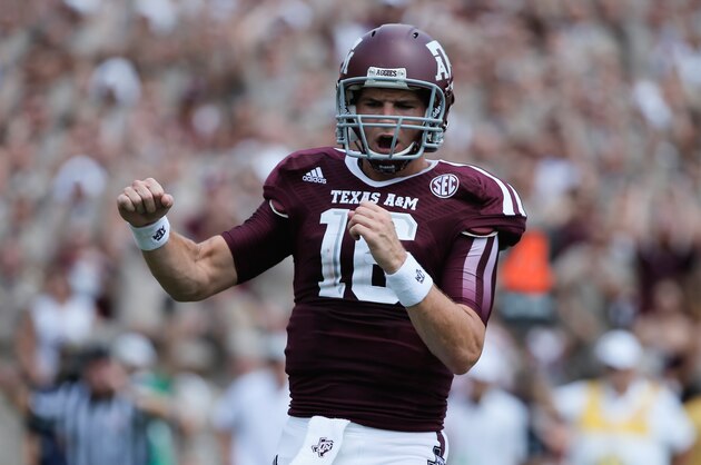 COLLEGE STATION, TX - AUGUST 31:  Matt Joeckel #16 of the Texas A&M Aggies celebrates a second quarter touchdown during the game against the Rice Owls at Kyle Field on August 31, 2013 in College Station, Texas.  (Photo by Scott Halleran/Getty Images)