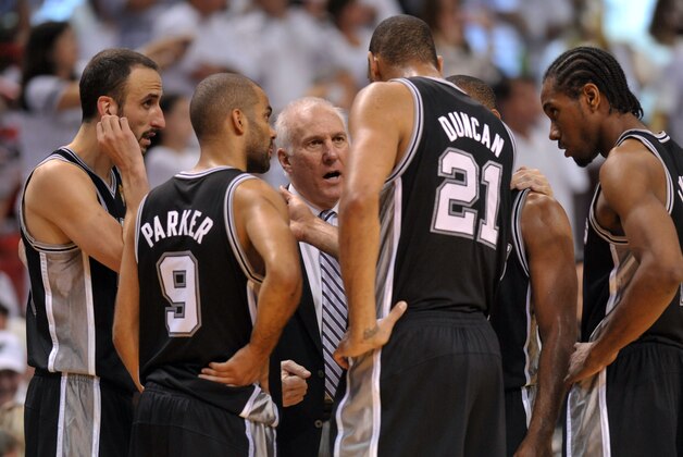 Jun 20, 2013; Miami, FL, USA; San Antonio Spurs head coach Gregg Popovich talks with San Antonio Spurs power forward Tim Duncan (21), point guard Tony Parker (9), and shooting guard Manu Ginobili (left) during the fourth quarter of game seven in the 2013 NBA Finals at American Airlines Arena. Mandatory Credit: Steve Mitchell-USA TODAY Sports