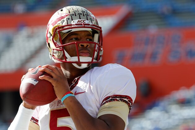 GAINESVILLE, FL - NOVEMBER 30:  Jameis Winston #5 of the Florida State Seminoles warms up before the game against the Florida Gators on November 30, 2013 in Gainesville, Florida.  (Photo by Sam Greenwood/Getty Images)