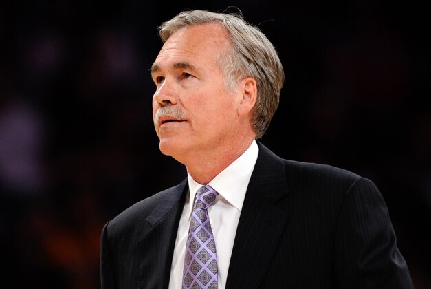 Apr 13, 2014; Los Angeles, CA, USA;  Los Angeles Lakers head coach Mike D'Antoni during a timeout against the Memphis Grizzlies at Staples Center. Mandatory Credit: Robert Hanashiro-USA TODAY Sports