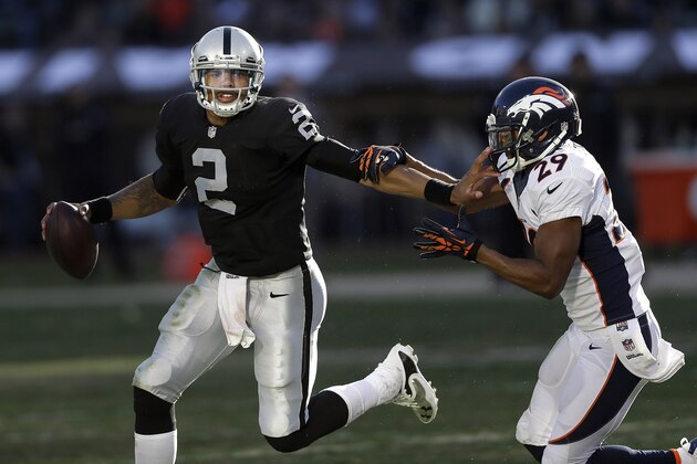 Oakland Raiders quarterback Terrelle Pryor (2) runs from Denver Broncos free safety Michael Huff (29) during the second half of an NFL football game, Sunday, Dec. 29, 2013, in Oakland, Calif. (AP Photo/Marcio Jose Sanchez)