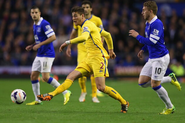 LIVERPOOL, ENGLAND - APRIL 16:  Joel Ward of Crystal Palace passes the ball during the Barclays Premier League match between Everton and Crystal Palace at Goodison Park on April 16, 2014 in Liverpool, England.  (Photo by Clive Brunskill/Getty Images)