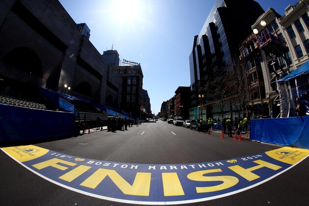 BOSTON, MA - APRIL 16:  The finish line of the Boston Marathon, located on Boylston Street, is seen on April 16, 2014 in Boston, Massachusetts.  (Photo by Alex Trautwig/Getty Images)