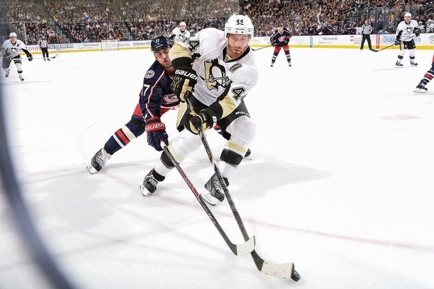 COLUMBUS, OH - MARCH 28:  Brooks Orpik #44 of the Pittsburgh Penguins skates with the puck against the Columbus Blue Jackets on March 28, 2014 at Nationwide Arena in Columbus, Ohio. Pittsburgh defeated Columbus 2-1. (Photo by Jamie Sabau/NHLI via Getty Images)