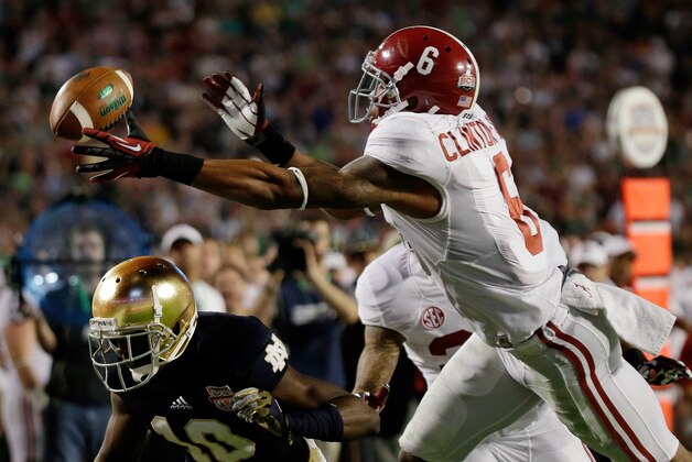 Alabama's Ha'Sean Clinton-Dix (6) intercepts a pass over Notre Dame's DaVaris Daniels (10) during the second half of the BCS National Championship college football game Monday, Jan. 7, 2013, in Miami. (AP Photo/David J. Phillip)