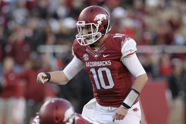 Arkansas quarterback Brandon Allen waits for the snap in the first half of an NCAA college football game against Auburn in Fayetteville, Ark., Saturday, Nov. 2, 2013. (AP Photo/Danny Johnston)
