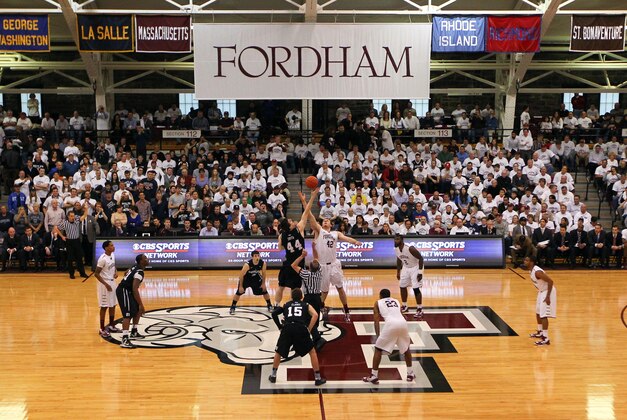 Feb 16, 2013; Bronx, NY, USA; Butler Bulldogs center Andrew Smith (44) and Fordham Rams center Ryan Canty (42) jump for the ball to begin the game at Rose Hill Gym. Mandatory Credit: Debby Wong-USA TODAY Sports