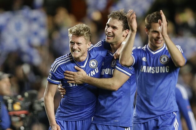Chelaea's Andre Schuerrle, left, Branislav Ivanovic, centre, and Cesar Azpilicueta celebrate winning the Champions League second leg quarterfinal soccer match between Chelsea and Paris Saint-Germain at Stamford Bridge Stadium in London, Tuesday, April 8, 2014. (AP Photo/Kirsty Wigglesworth) Chelaea's Andre Schuerrle, left, Branislav Ivanovic, centre, and Cesar Azpilicueta celebrate winning the Champions League second leg quarterfinal soccer match between Chelsea and Paris Saint-Germain at Stamford Bridge Stadium in London, Tuesday, April 8, 2014. (AP Photo/Kirsty Wigglesworth)