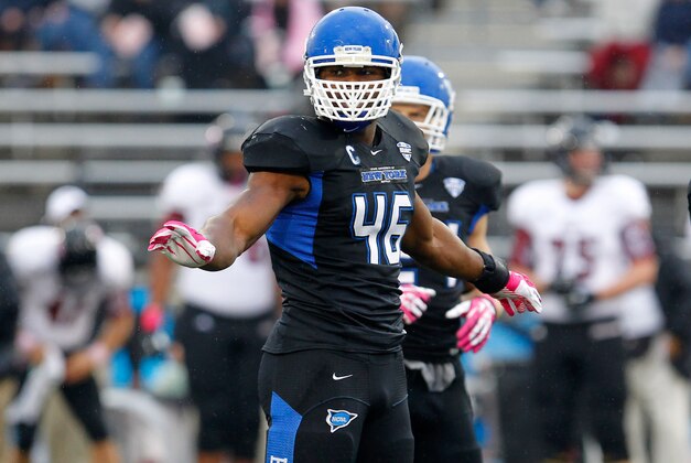 Oct 19, 2013; Buffalo, NY, USA; Buffalo Bulls linebacker Khalil Mack (46) during a game against the Massachusetts Minutemen at University of Buffalo Stadium. Mandatory Credit: Timothy T. Ludwig-USA TODAY Sports