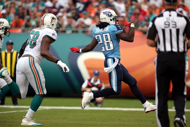 MIAMI GARDENS, FL - NOVEMBER 11:  Running back Chris Johnson #28 of the Tennessee Titans scores a touchdown against the Miami Dolphins at Sun Life Stadium on November 11, 2012 in Miami Gardens, Florida. The Titans defeated the Dolphins 37-3. (Photo by Marc Serota/Getty Images)