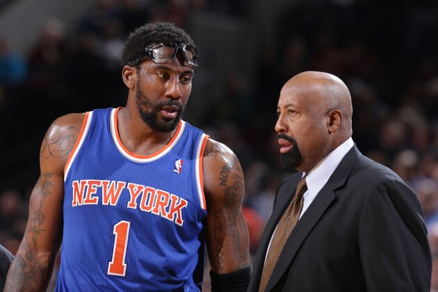PORTLAND, OR - NOVEMBER 25:  Amar'e Stoudemire #1 and Mike Woodson of the New York Knicks talk during the game against the Portland Trail Blazers on November 25, 2013 at the Moda Center Arena in Portland, Oregon. NOTE TO USER: User expressly acknowledges and agrees that, by downloading and or using this photograph, user is consenting to the terms and conditions of the Getty Images License Agreement. Mandatory Copyright Notice: Copyright 2013 NBAE (Photo by Sam Forencich/NBAE via Getty Images)