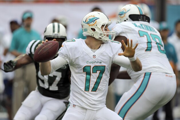 Miami Dolphins quarterback Ryan Tannehill (17) throws a pass against the New York Jets during the first quarter of an NFL football game Sunday, Dec. 29, 2013, in Miami Gardens, Fla. (AP Photo/Chris O'Meara)