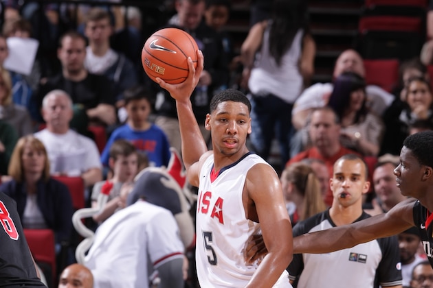 PORTLAND, OR - APRIL 12:  Jahlil Okafor #15 of Team USA looks to pass the ball during the game against the World Team on April 12, 2014 at the Moda Center Arena in Portland, Oregon. NOTE TO USER: User expressly acknowledges and agrees that, by downloading and or using this photograph, user is consenting to the terms and conditions of the Getty Images License Agreement. Mandatory Copyright Notice: Copyright 2014 NBAE (Photo by Sam Forencich/NBAE via Getty Images)