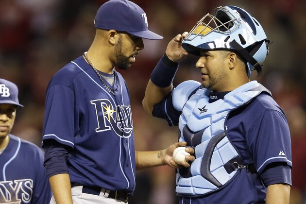 Tampa Bay Rays starting pitcher David Price, left, talks with catcher Jose Molina after Price gave up a solo home run to Cincinnati Reds' Joey Votto in the ninth inning of a baseball game, Friday, April 11, 2014, in Cincinnati. Price was the winning pitcher in the game won by Tampa Bay 2-1. (AP Photo/Al Behrman) Tampa Bay Rays starting pitcher David Price, left, talks with catcher Jose Molina after Price gave up a solo home run to Cincinnati Reds' Joey Votto in the ninth inning of a baseball game, Friday, April 11, 2014, in Cincinnati. Price was the winning pitcher in the game won by Tampa Bay 2-1. (AP Photo/Al Behrman)