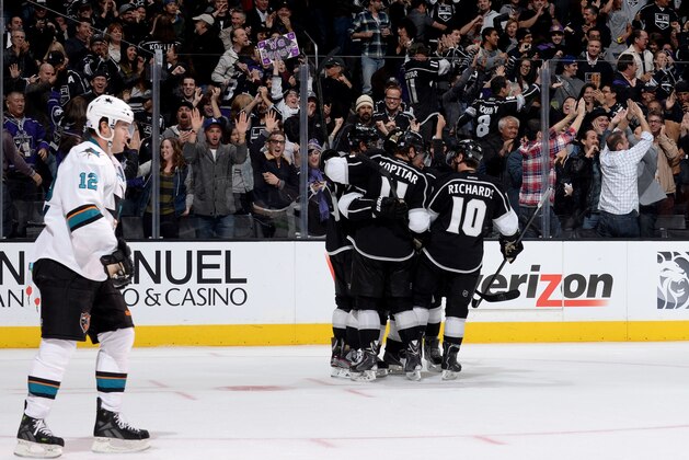 LOS ANGELES, CA - OCTOBER 30:  The Los Angeles Kings celebrate after a goal against the San Jose Sharks at Staples Center on October 30, 2013 in Los Angeles, California. (Photo by Noah Graham/NHLI via Getty Images)