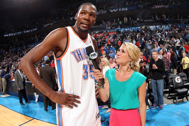 OKLAHOMA CITY, OK - APRIL 16: Kevin Durant #35 of the Oklahoma City Thunder is interviewed after the game against the Detroit Pistons on April 16, 2014 at the Chesapeake Energy Arena in Oklahoma City, Oklahoma. NOTE TO USER: User expressly acknowledges and agrees that, by downloading and or using this Photograph, user is consenting to the terms and conditions of the Getty Images License Agreement. Mandatory Copyright Notice: Copyright 2014 NBAE (Photo by Layne Murdoch/NBAE via Getty Images)