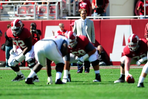 TUSCALOOSA, AL - APRIL 20:  Nick Saban, head coach of the Alabama Crimson Tide watches game action during the Alabama A-Day spring game at Bryant-Denny Stadium on April 20, 2013 in Tuscaloosa, Alabama.  (Photo by Stacy Revere/Getty Images)