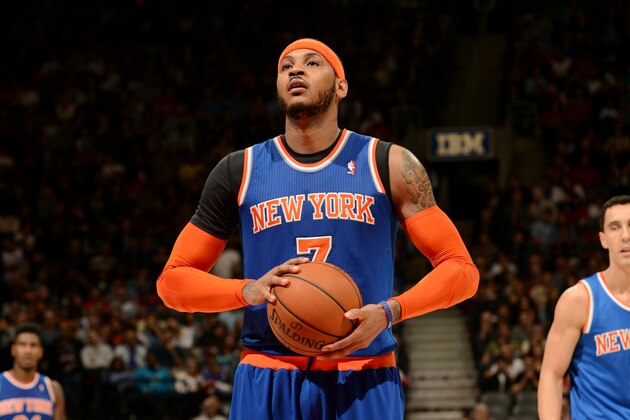 TORONTO, CANADA - April 11: Carmelo Anthony #7 of the New York Knicks attempts a free throw against the Toronto Raptors on April 11, 2014 at the Air Canada Centre in Toronto, Ontario, Canada. NOTE TO USER: User expressly acknowledges and agrees that, by downloading and or using this Photograph, user is consenting to the terms and conditions of the Getty Images License Agreement. Mandatory Copyright Notice: Copyright 2014 NBAE (Photo by Ron Turenne/NBAE via Getty Images) TORONTO, CANADA - April 11: Carmelo Anthony #7 of the New York Knicks attempts a free throw against the Toronto Raptors on April 11, 2014 at the Air Canada Centre in Toronto, Ontario, Canada. NOTE TO USER: User expressly acknowledges and agrees that, by downloading and or using this Photograph, user is consenting to the terms and conditions of the Getty Images License Agreement. Mandatory Copyright Notice: Copyright 2014 NBAE (Photo by Ron Turenne/NBAE via Getty Images)